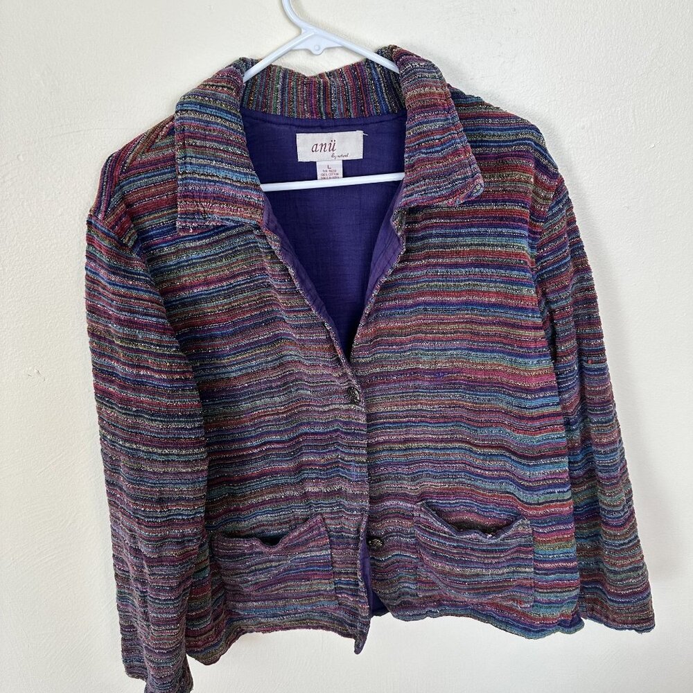 Anu By Natural Multicolor Striped Womens Cotton Jacket Large Purple Pockets